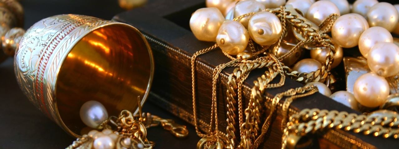 Treasure Chest Full Jewels Jewelry Pearls Gold Stock Photo by