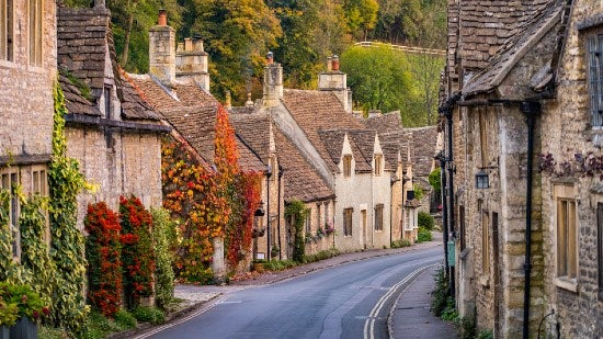 A village lane in the Cotswolds.