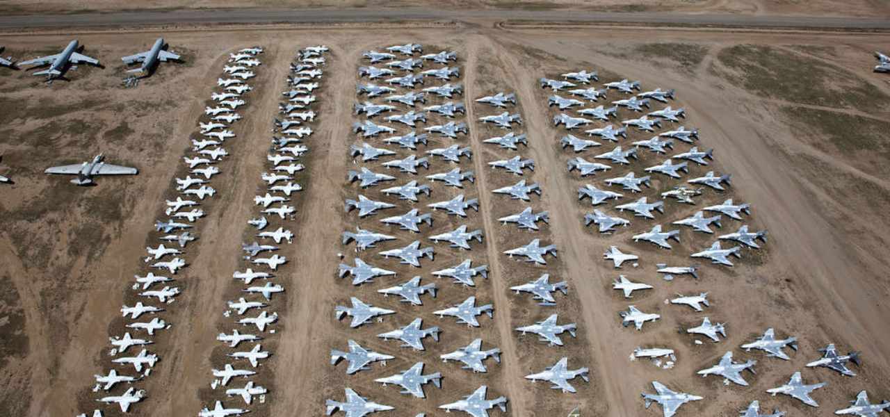 Aerial view of an airplane boneyard