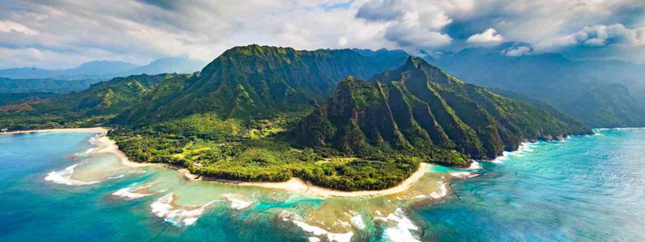 An aerial view of the Na Pali coast on the island of Kauai, Hawaii.