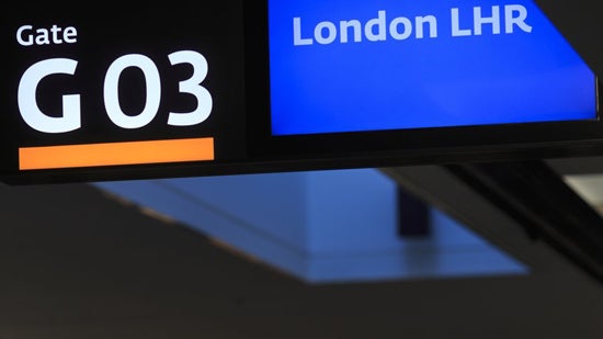 An airport sign for gate G03 at London LHR, more commonly known as Heathrow Airport.