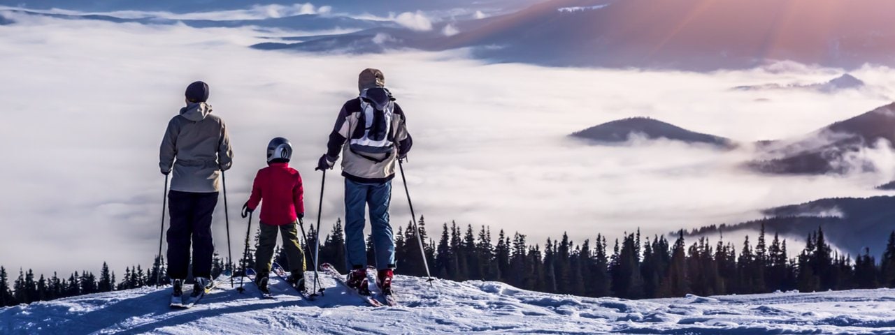 Family with a young child looking out at snow and mist while skiing.