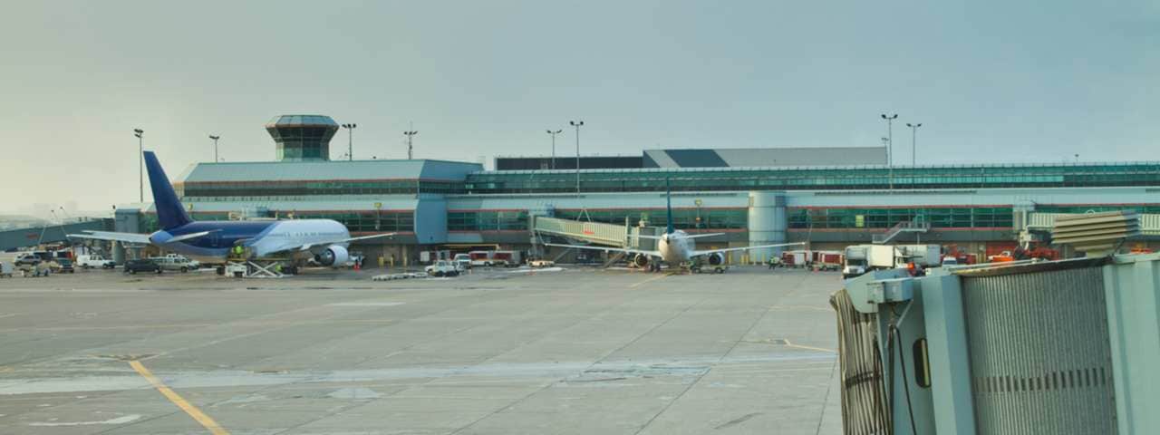 view of airport gate at Toronto Pearson Airport terminal.
