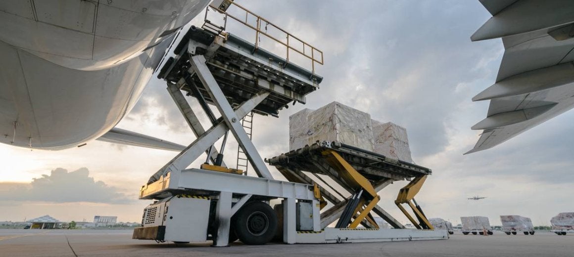 Ground shot perspective of cargo being loaded onto a cargo plane