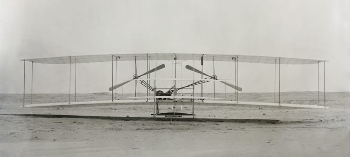 The Wright brothers’ ‘machine’ in which they made the first powered controlled flight in a heavier-than-air aeroplane on 17 December 1903.