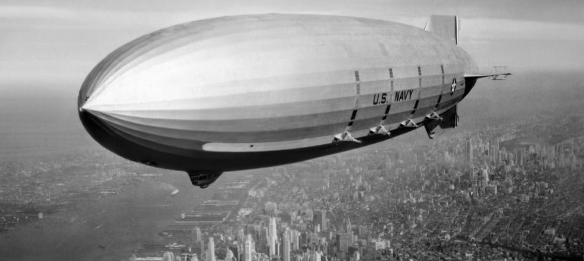The USS Macon, an American airship, floating over the city of New York in 1933