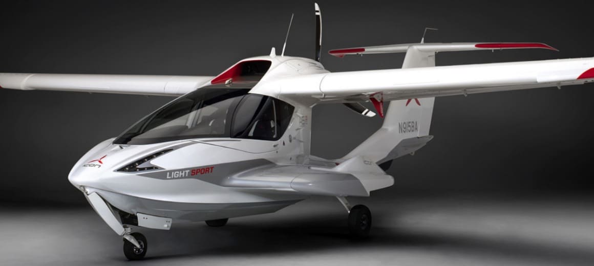 White ICON A5 light sport seaplane with red trim