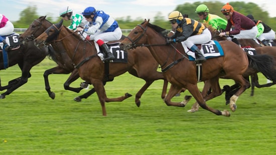 Jockeys on racehorses competing on a racetrack.