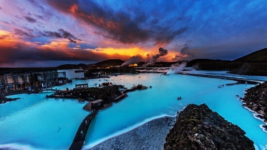 The luxurious geothermal spa hotels in the evening light