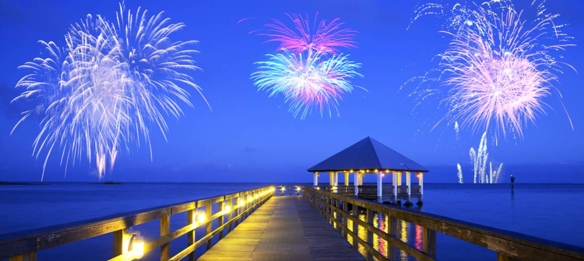 Fireworks over Apalachicola sea landscape in Florida