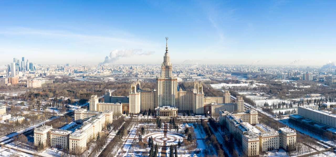 Front aerial view of Moscow State University on Sparrow Hills in winter