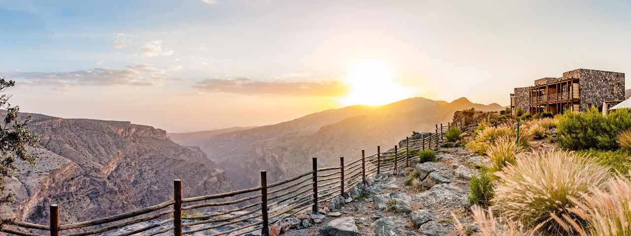 Omani Mountains at Jabal Akhdar in Al Hajar Mountains, Oman, at sunset. 