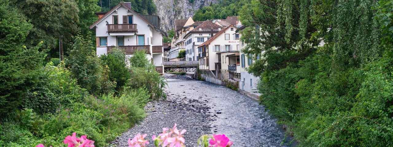 View from the bridge to the river Tamina and the houses of the old town of Bad Ragaz, Switzerland