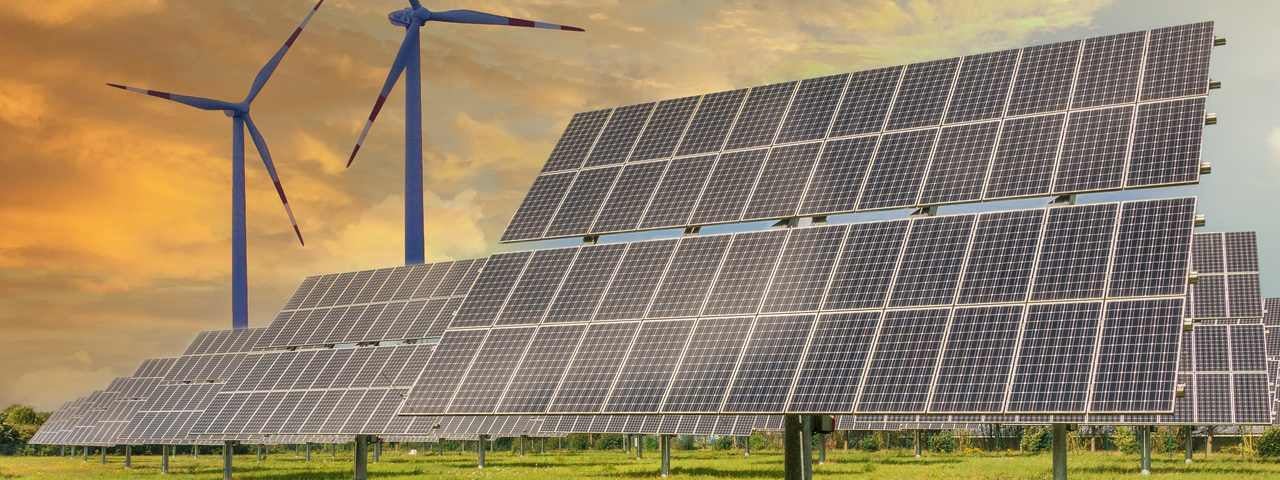 Solar panels with wind turbines behind them.