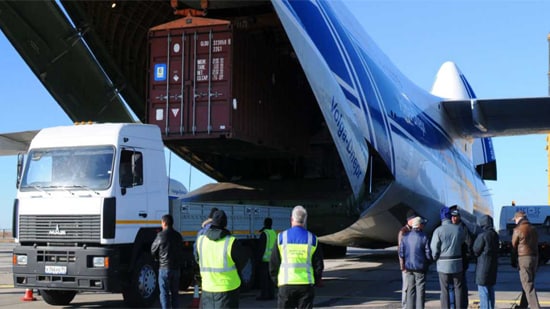 Cargo being loaded onto a cargo plane. 