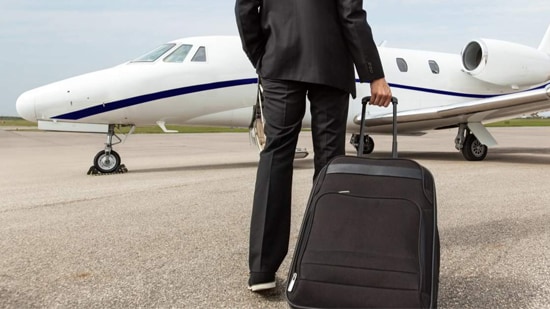 Man with suitcase in front of jet