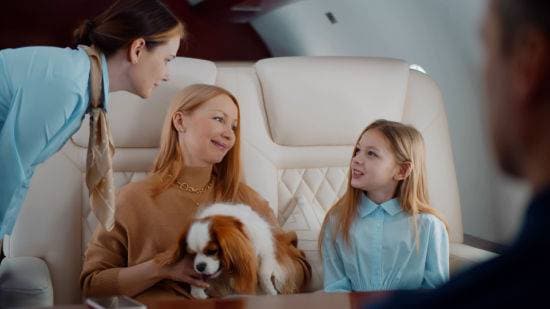 A flight attendant talking to a woman and her family on a private jet.