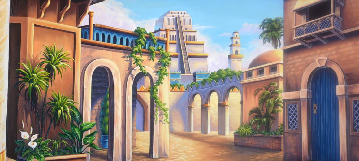 Painting of the Hanging Gardens of Babylon against a blue sky