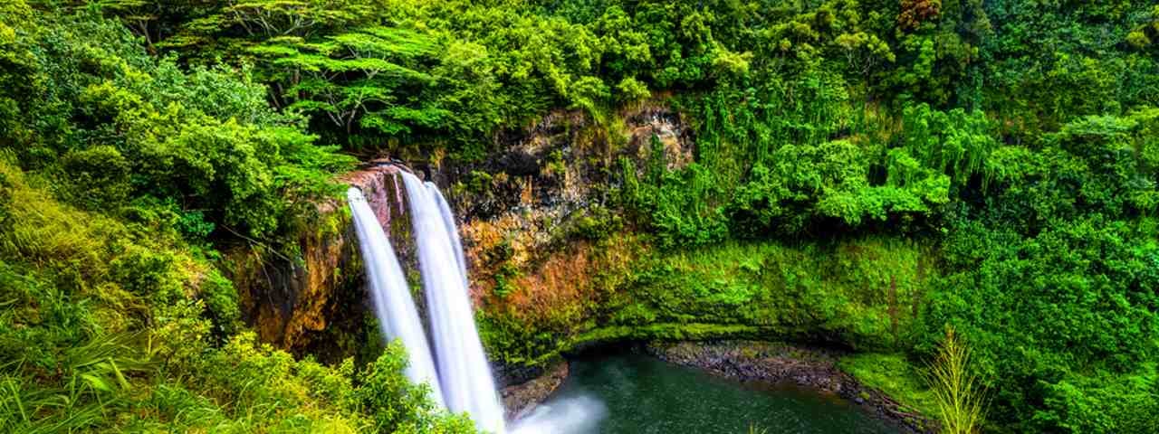 Wailua Falls in a lush rainforest on the island of Kauai.