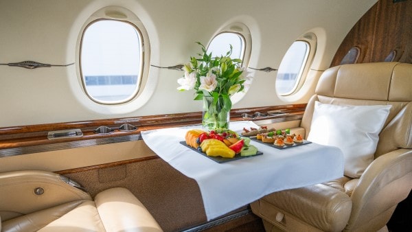 Two platters of tabled food on a private jet between two luxury armchairs. There is also a fresh vase of flowers on the table.