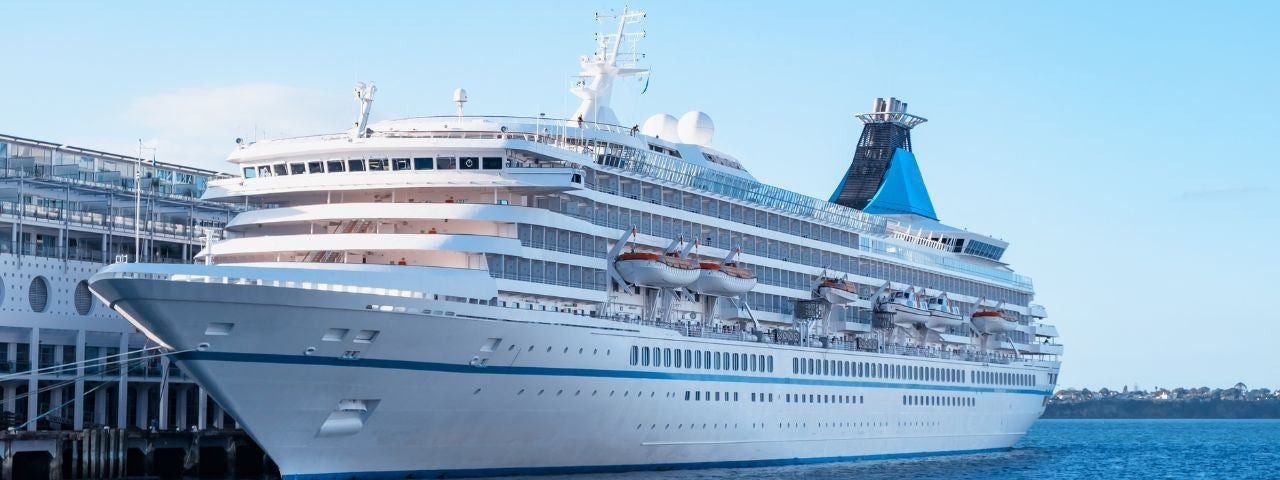 A cruise ferry ship anchored at Auckland Harbour in New Zealand.