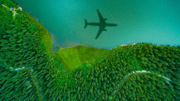 Aerial view of a densely forested area and large lake with the shadow of an aeroplane from above