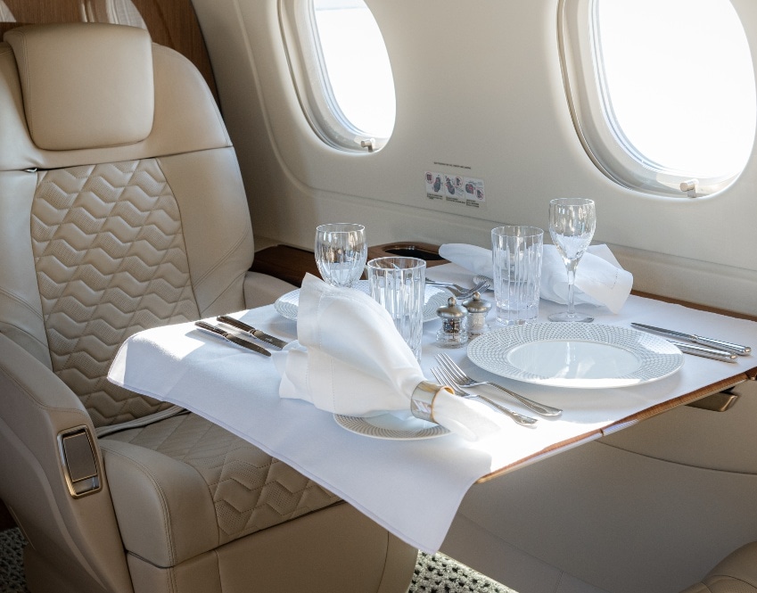 A dining set up on a private jet.