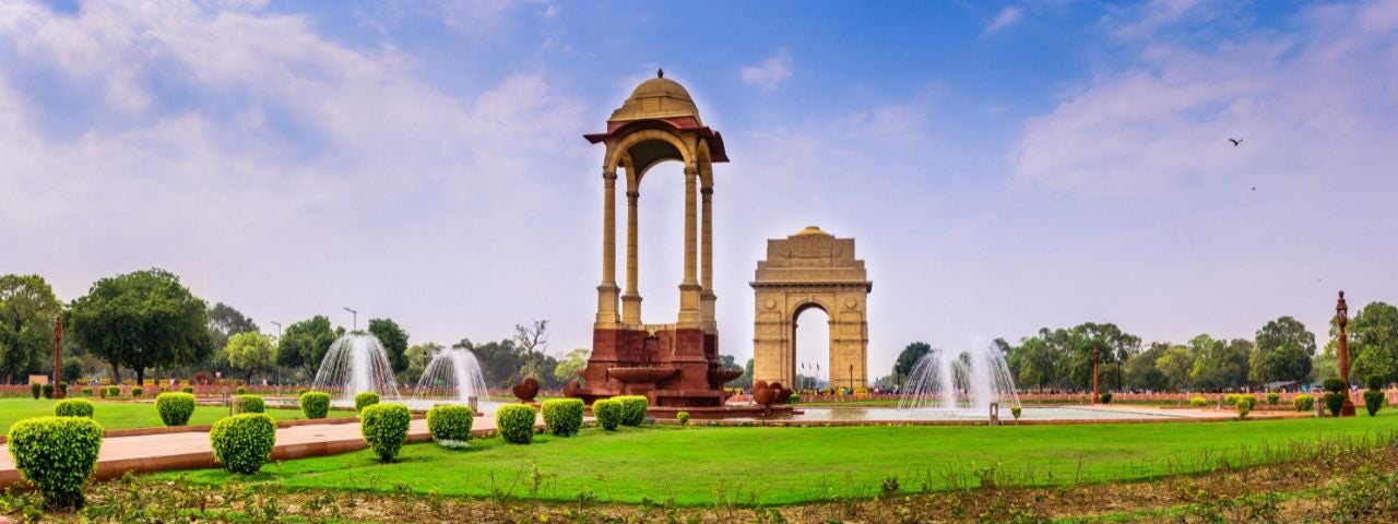 The India Gate (originally called the All India War Memorial). A war memorial located astride the Rajpath, on the eastern edge of the "ceremonial axis" of New Delhi, India, formerly called Kingsway.