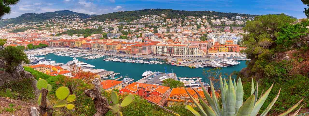 Aerial panorama of Nice Old Port on a sunny summer day in Nice, French Riviera, Cote d'Azur.