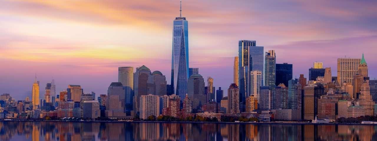 The New York City skyline during sunset