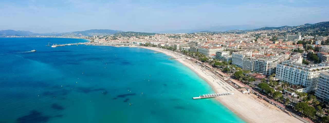 An aerial view of Panorama Cannes and Croisette beach, Cote d'Azur, France.