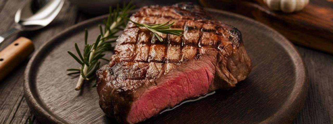 A Florentine steak artfully served on a wooden platter with sprigs of rosemary.