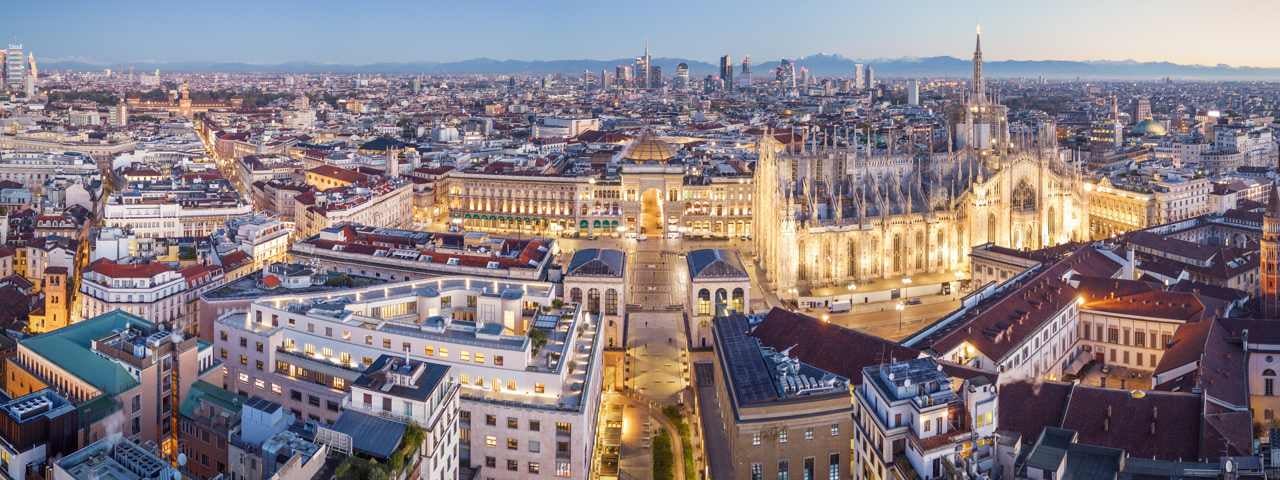 An aerial view of Milan in the sunset light.