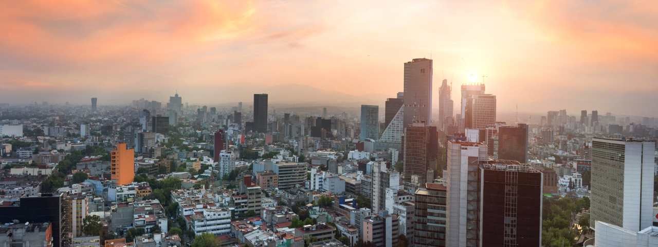 Sunset over the skyline over Mexico City.