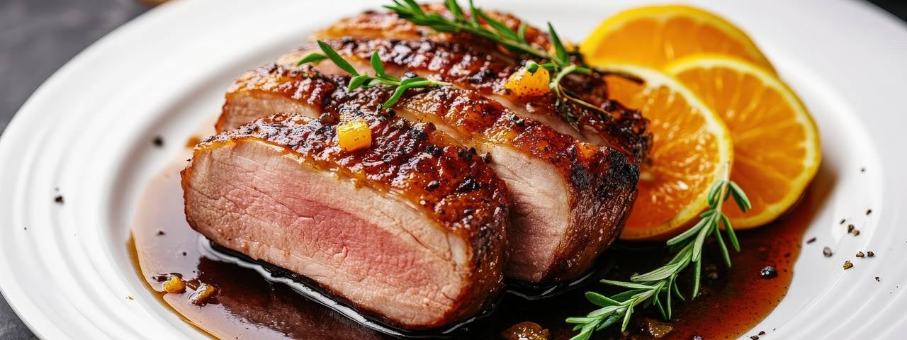 A white plate holds thick slices of perfectly seared duck breast. Sprigs of fresh rosemary and diced orange zest are artfully arranged on top.