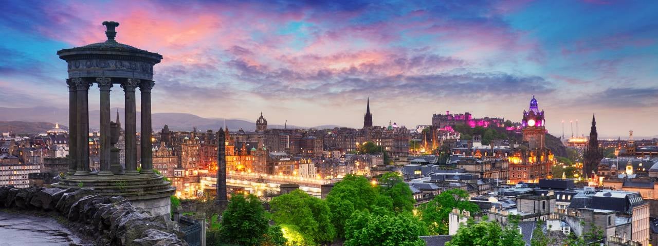 The Edinburgh skyline at sunset.