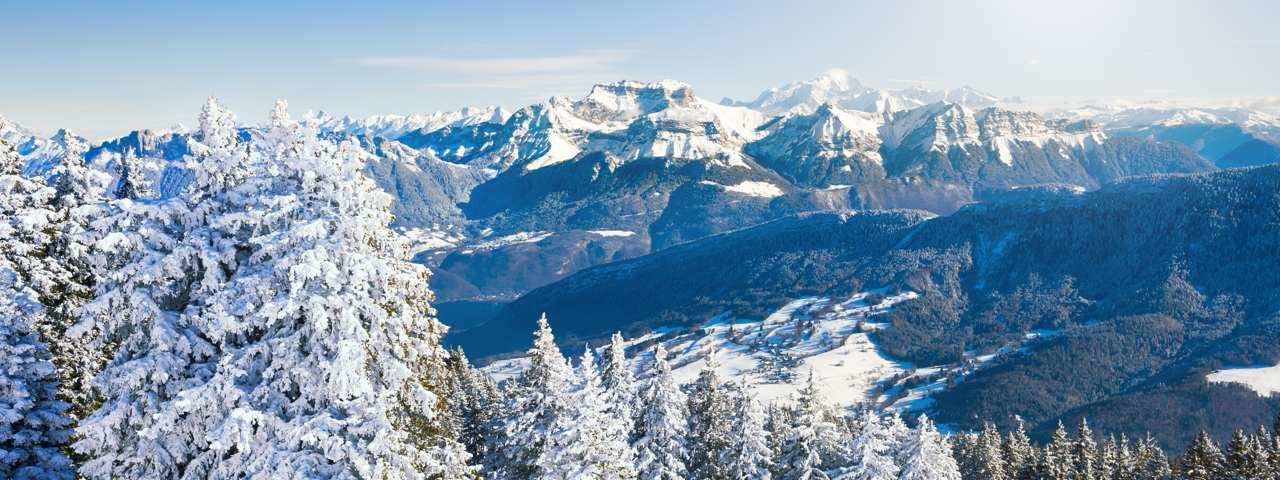 The French Alps covered in snow with snowy trees in the foreground