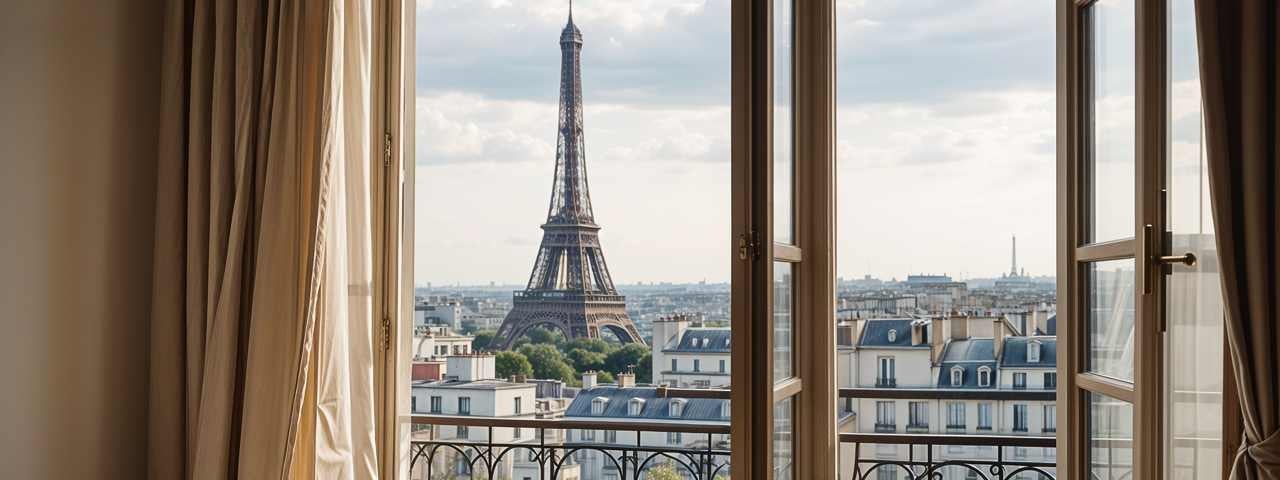A view of the Eiffel Tower from a hotel window.