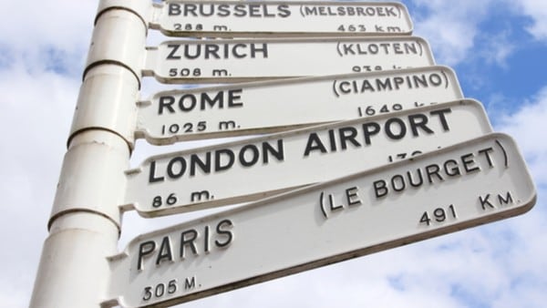 Signe traditionnel avec des distances vers différents aéroports européens