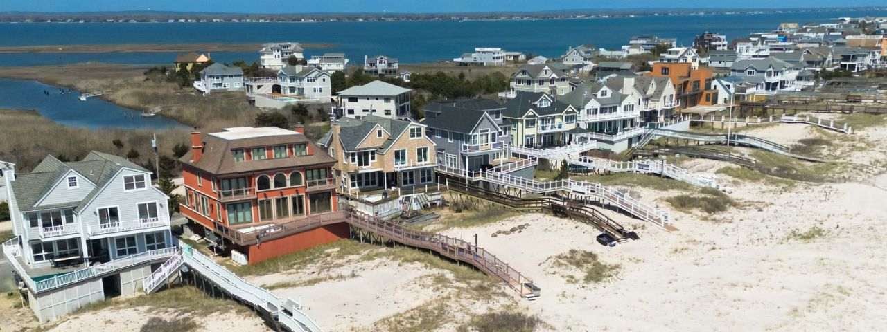 Aerial view of luxury homes along the beach in the Hamptons, Long Island, New York