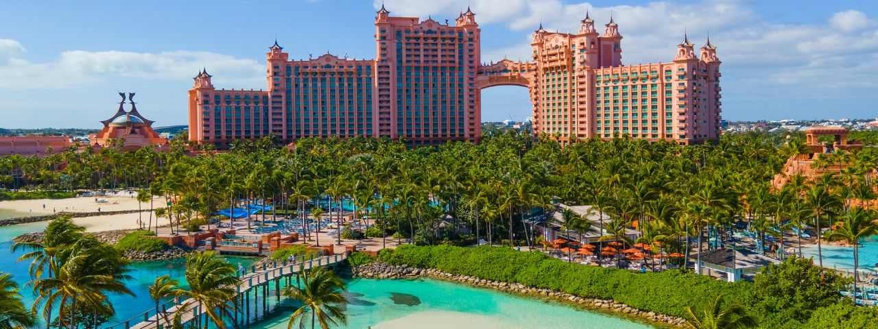 Paradise Lagoon and The Royal Tower at Atlantis Hotel on Paradise Island, Bahamas.
