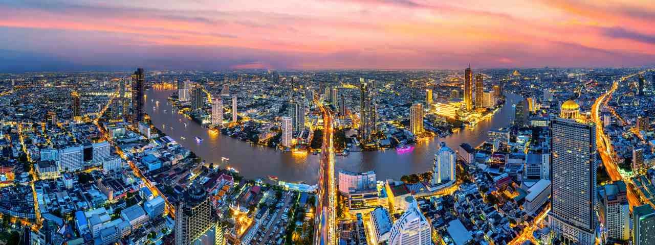 An aerial view of the city of Bangkok during sunset