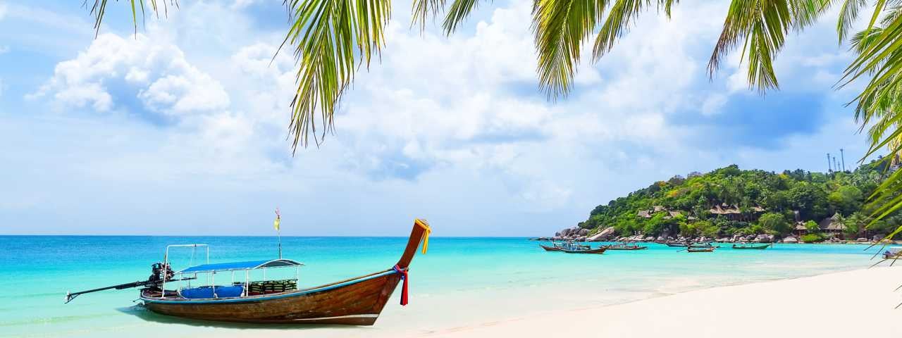 A long boat parked on a beach on Koh Phangan with coconut tree leaves on the edge.