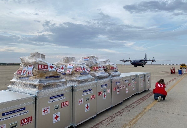 Medical supplies ready for loading onto a cargo plane.