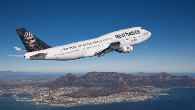 A private jet flying above the clouds.