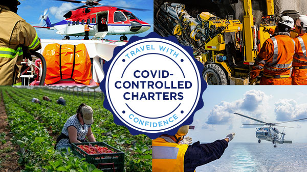 A montage with a helicopter landing loading goods, two construction workers operating machinery, a farm worker picking crops, and a ship crewmember guiding a helicopter onto a landing bay. In the centre of the montage is a label. The label reads “Travel with Confidence” with “Covid-Controlled Charters” in the centre of the label.