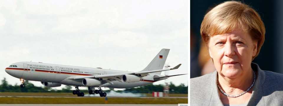 Angela Merkel on the right and her private jet landing on the left