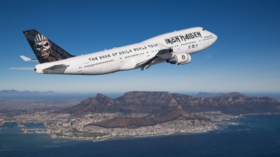 The customized Iron Maiden tour plane flying over Cape Town, South Africa.