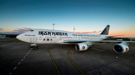 Iron Maiden’s customized plane parked on the tarmac.